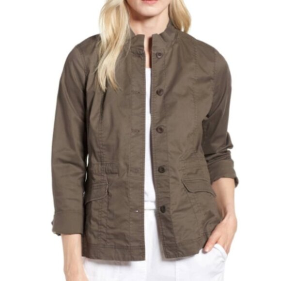 Eileen Fisher Cotton Bland Ruffle Collar Utility Jacket Size M Olive Green - Picture 1 of 13
